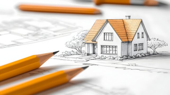 Architectural House Concept Sketch on Paper with Pencils