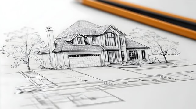 Architectural House Concept Sketch on White Paper with Pencil Drawing