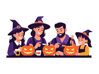 Halloween Family Pumpkin Carving: A cheerful family dressed in Halloween attire enjoys pumpkin carving, illustrating the spirit of holiday fun and traditions. 