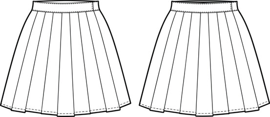 CAD drawing flat vector illustration of pleated skirt template, front and back view, women fashion technical sketch clothing design