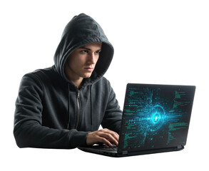 Cybersecurity hacker in action digital workspace laptop setup urban environment technology concept isolated PNG