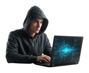 Cybersecurity hacker in action digital workspace laptop setup urban environment technology concept isolated PNG