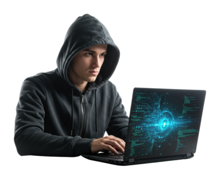 Cybersecurity hacker in action digital workspace laptop setup urban environment technology concept isolated PNG