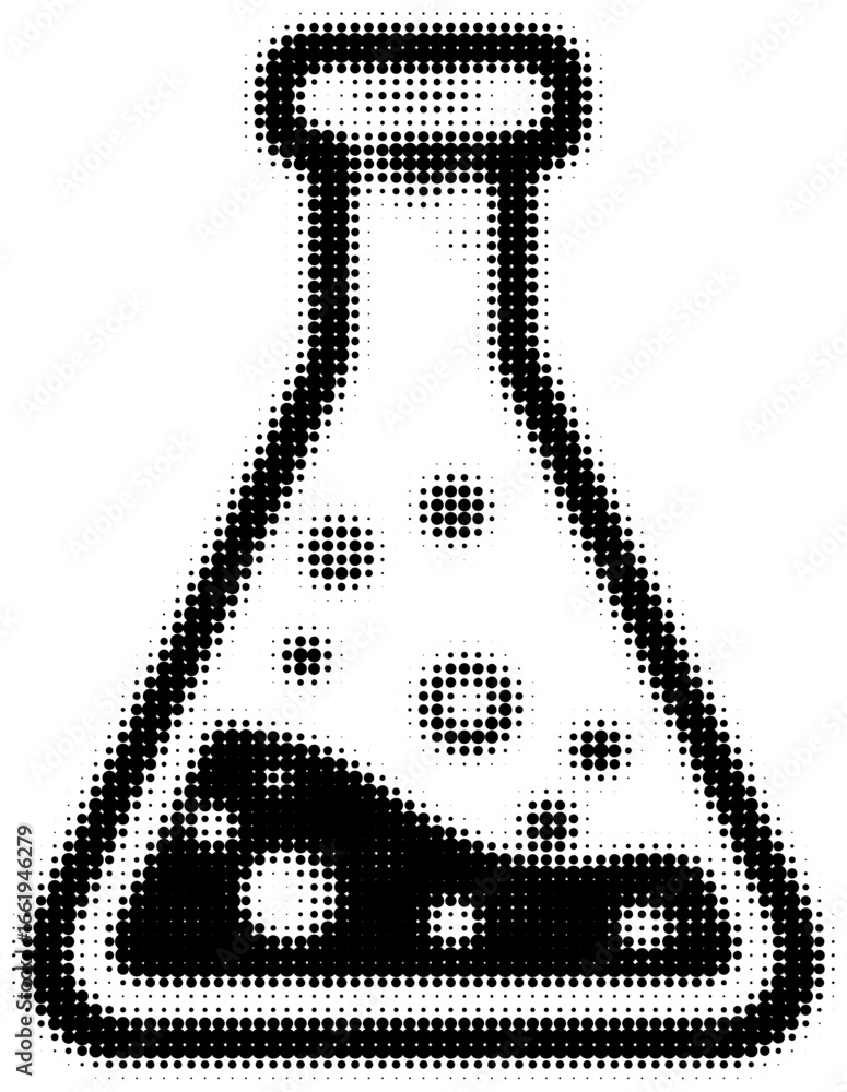 Poster Halftone pattern of a laboratory flask with liquid and bubbles illustration. Vector illustration
