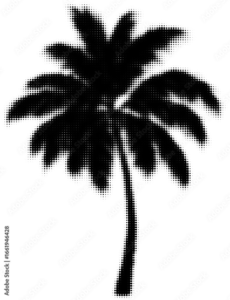 Poster silhouette of a palm tree created with halftone dot pattern in black and white. vector illustration