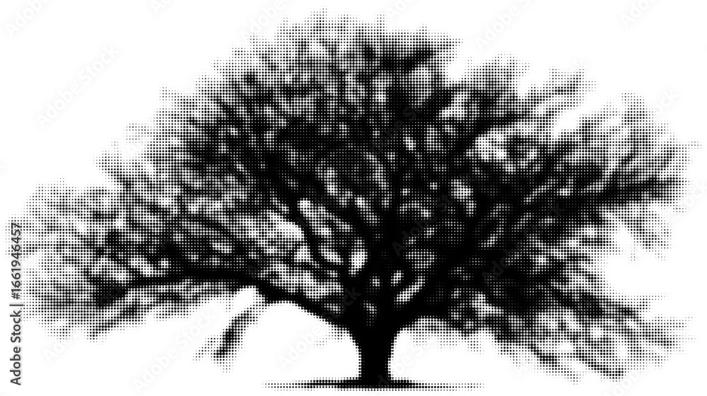 Poster silhouette of a large tree in dot-pattern artistic style. vector illustration