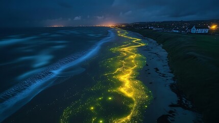 Bioluminescent organisms glow on shoreline at night