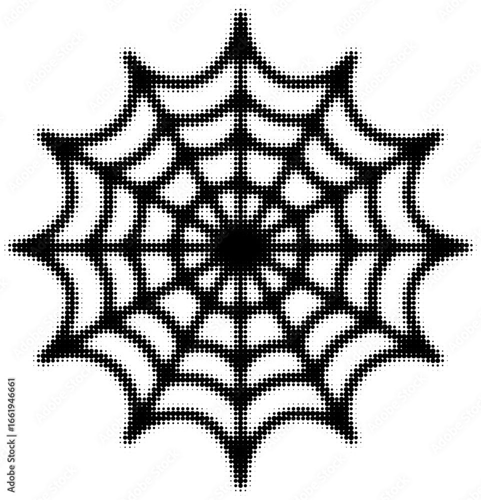 Poster halftone pattern of a circular spider web design in black and white. vector illustration