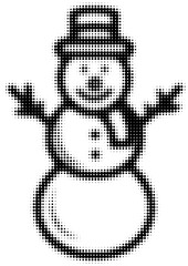 Smiling snowman with hat and scarf in pixelated black and white design. Vector illustration