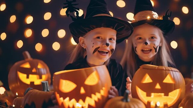 Children smiling while displaying carved pumpkins with playful designs. Bright and joyful Halloween setting features warm lights and festive decorations