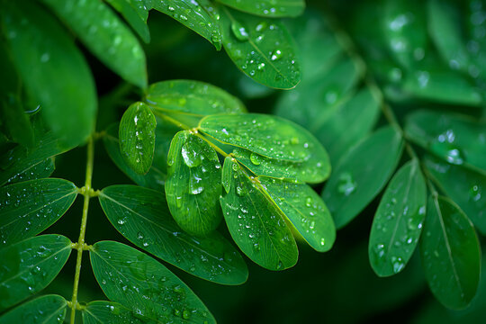 Vibrant green leaves glistening with fresh water droplets after rain, showcasing nature's refreshing beauty and renewal, perfect for serene, organic, or wellness themes