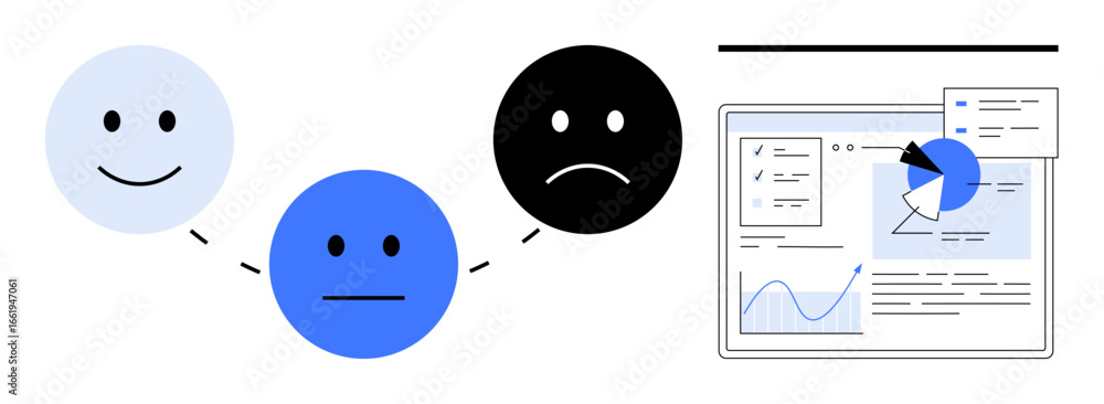 Poster three mood faces indicate happiness to sadness connected to data analysis tools and graphs on a dash