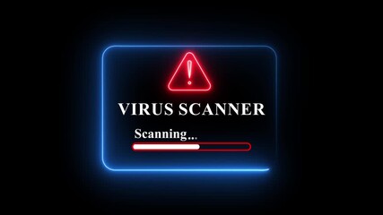 Virus scanner window with neon glowing border and warning symbol, cybersecurity scanning alert, antivirus software progress bar, digital protection UI design, system security malware detection - Powered by Adobe