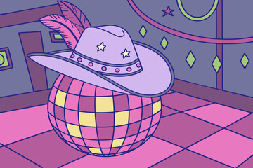 Cowgirl disco poster with ball and hat vector illustration