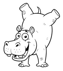 Naklejka premium Cartoon Hippopotamus Performing a Handstand in Black and White Outline