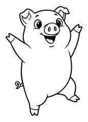 Fototapeta premium Cartoon Pig with Upraised Arms, Black and White Line Art