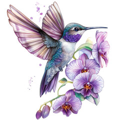 Obraz premium Hummingbird on a branch with purple orchids, isolated on transparent background