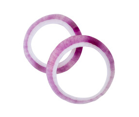 Top view of fresh red or purple Spanish onion rings or slices in stack isolated with clipping path...