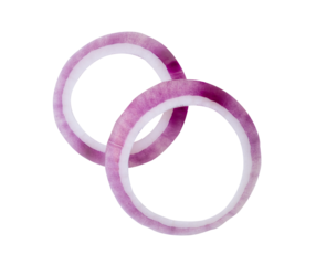 Top view of fresh red or purple Spanish onion rings or slices in stack isolated with clipping path in png file format