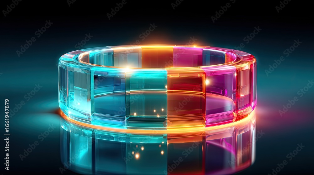 Poster glowing neon ring with pulsing segments - a floating neon ring composed of animated, segmented light