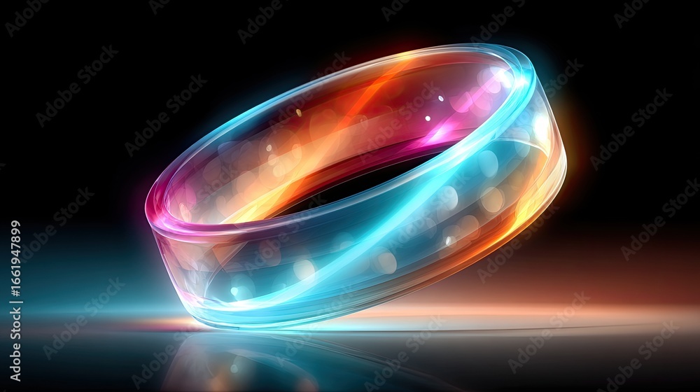 Poster glowing neon ring with pulsing segments - a floating neon ring composed of animated, segmented light