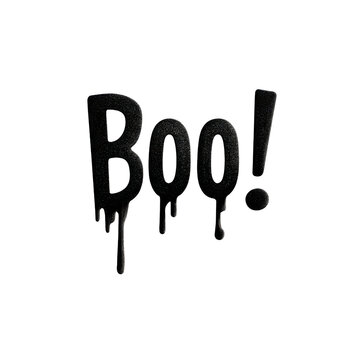 Dripping black text spelling boo with exclamation mark, spooky Halloween style design with eerie effect