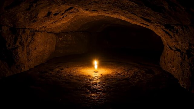 Candle illuminating dark cave interior with rocky walls  