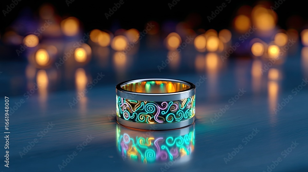Poster neon circuit board ring - a glowing ring with animated segments mimicking circuit patterns, in elect