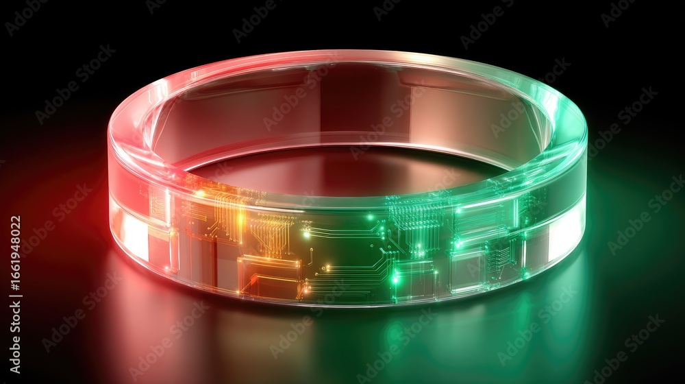 Poster neon circuit board ring - a glowing ring with animated segments mimicking circuit patterns, in elect