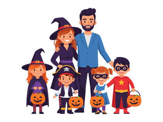 Halloween Family: A cheerful family poses together in Halloween costumes, with pumpkins and festive attire, spreading joy and holiday spirit. 