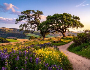 A single pine tree stands tall on a gentle hill, overlooking a beautiful lavender field in Provence under a blue summer sky with clouds