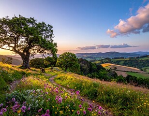 Summer mountain landscape with a scenic sunset over a vibrant green meadow full of wildflowers and trees