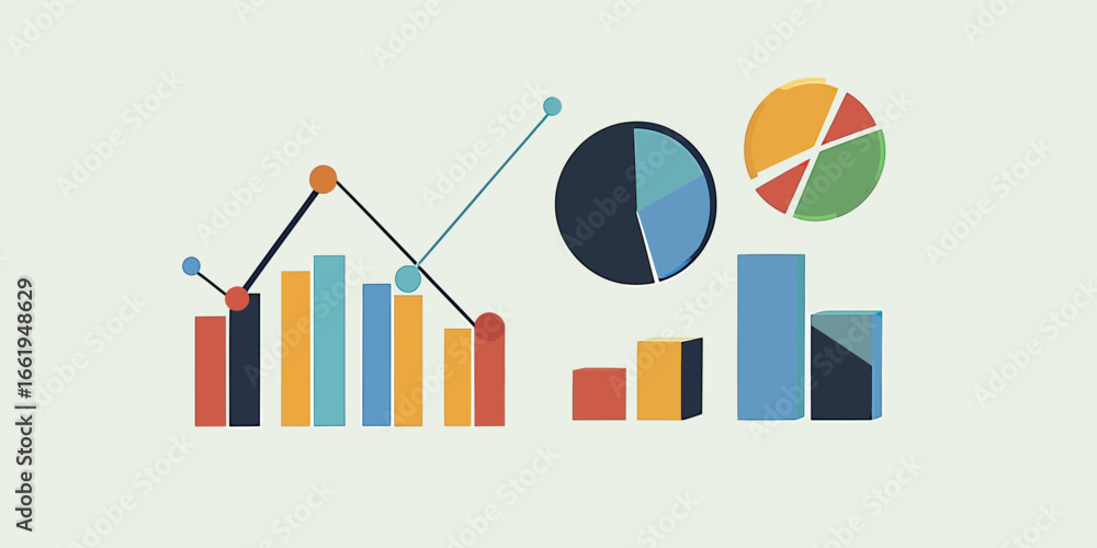 Poster Colorful business analytics bar charts line graph pie charts data presentation vector illustration in flat minimalist style for financial report and strategy planning