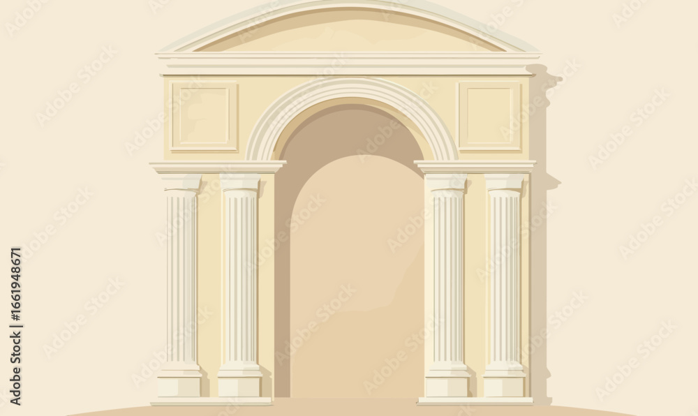 Poster vintage classical roman arch with four fluted columns and triangular pediment in minimalist flat vec