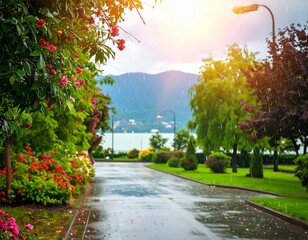 Golden light bathes the asphalt path through a green park at sunset, with distant city streets and trees silhouetted against the vibrant sky