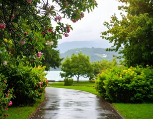 A winding path through a serene park landscape on a beautiful day, with trees and lush green grass alongside it