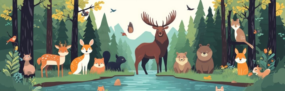 A wild nature scene featuring forest animals, with an environment comprising trees, habitats, and a diverse range of flora and fauna in a temperate woodland setting, as depicted in a colorful, flat,