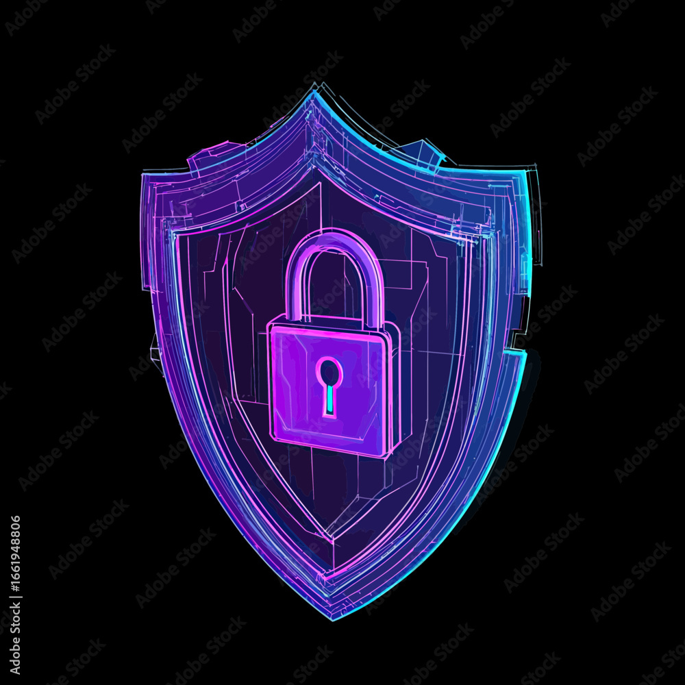 Poster futuristic 3d wireframe shield with glowing padlock symbol representing digital security protection 