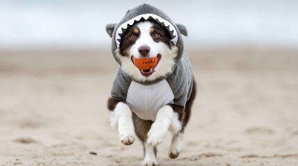 Pet Halloween Costume Concept. Playful dog in a shark costume running on the beach.