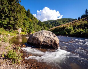 Mountain stream flowing through a lush green valley forest with a beautiful waterfall cascading over rocks under a summer sky