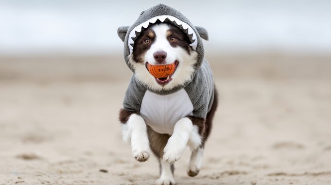 Pet Halloween Costume Concept. Playful dog in a shark costume running on the beach.