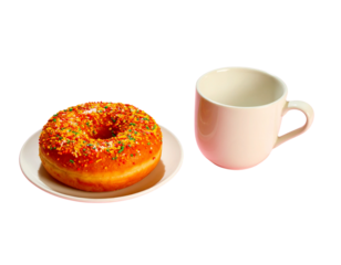  Glazed Donut with Rainbow Sprinkles on Plate beside White Coffee Cup, Front View, isolated on transparent background.