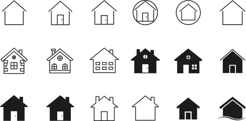 Collection of house icons, home symbols, real estate signs, minimal vector design, modern residential property illustration, black and white