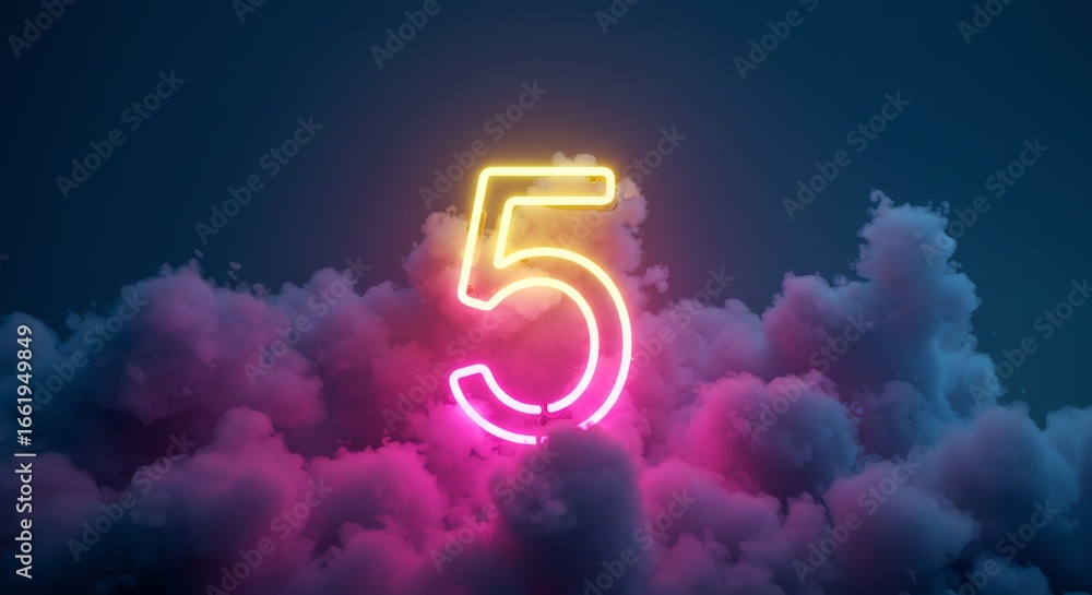 Poster neon number five on a cloudscape background