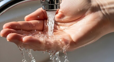 Fototapeta premium Clean water flows from a tap into cupped hands.