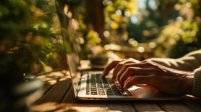 陽光が差し込む屋外の木製テーブルでノートパソコンを操作する手 | Close-up of hands typing on a laptop keyboard on a sunny outdoor wooden table