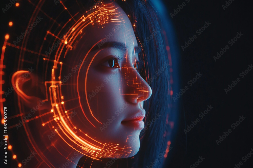 Aufkleber closeup of woman interacting with futuristic digital interface hologram in dark environment created 