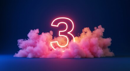 Number three neon light in pink smoke