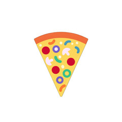 Pizza slice icon, simple flat menu icon, colorful toppings, white background