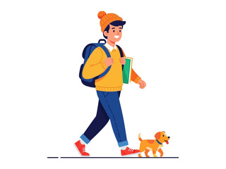 Friendly Stroll: A young person and dog stroll harmoniously, their silhouettes against a backdrop of an ordinary day, symbolizing friendship, pet love, and the simple joys of companionship.
